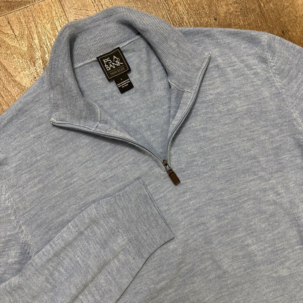 Jos A Bank Sweater 100% Merino Wool Quarter Zip Mock Neck Pullover Blue Large